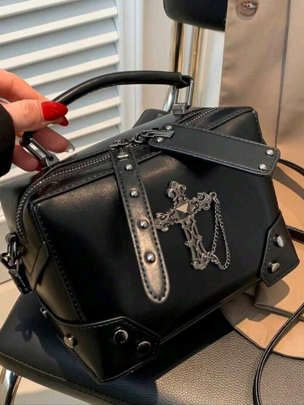 Black Cross Accent Top-Handle Women’s Bag